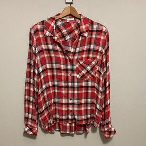 Beyond the Radar Red, Black, White, Tan Plaid Button Down Shirt, Size Medium